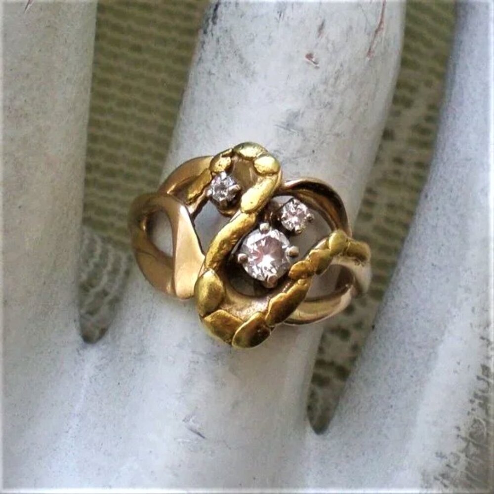 Designer Solid 14K Yellow Gold Real 22K Gold Nugget Diamond Cluster Ring